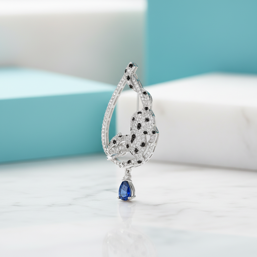 Sparkling Blue Sapphire Pear-cut Gemstone with Leopard Pendant-Evani Jewelry