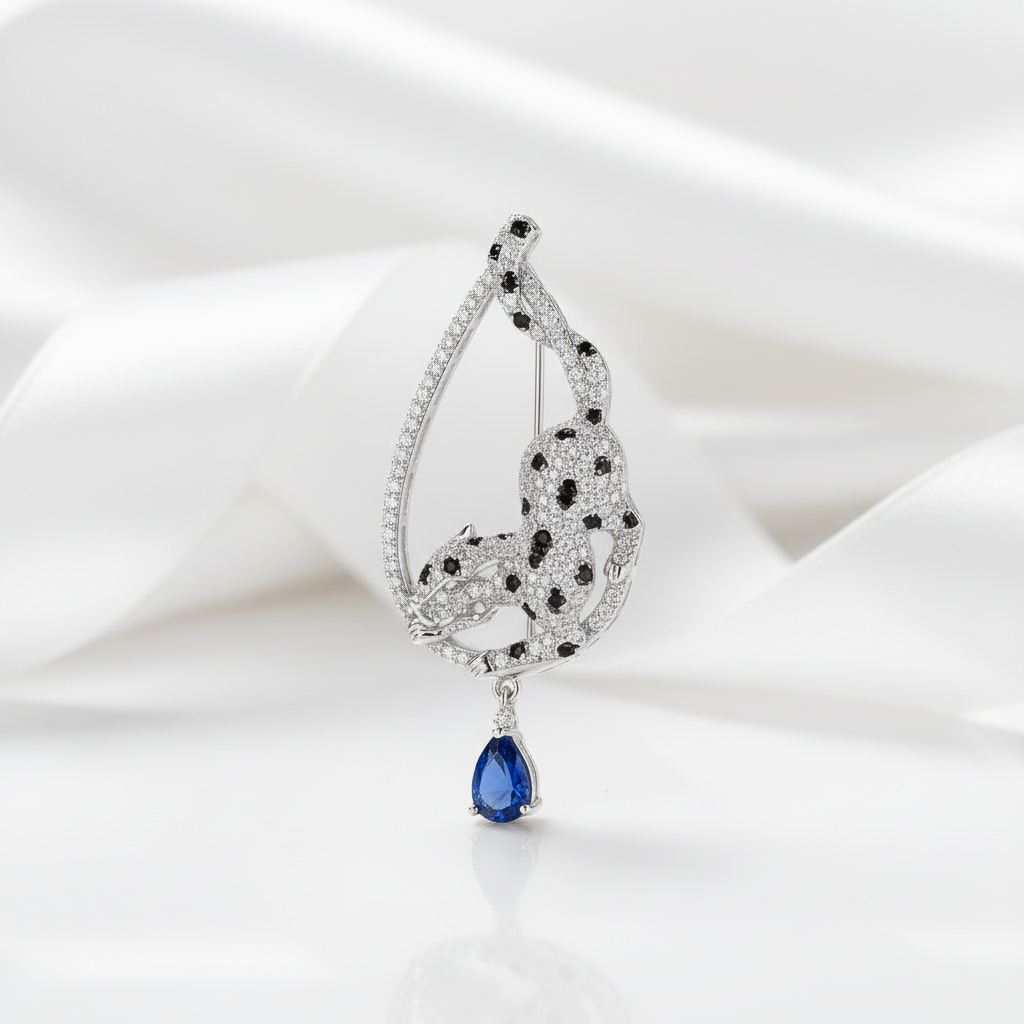 Sparkling Blue Sapphire Pear-cut Gemstone with Leopard Pendant-Evani Jewelry