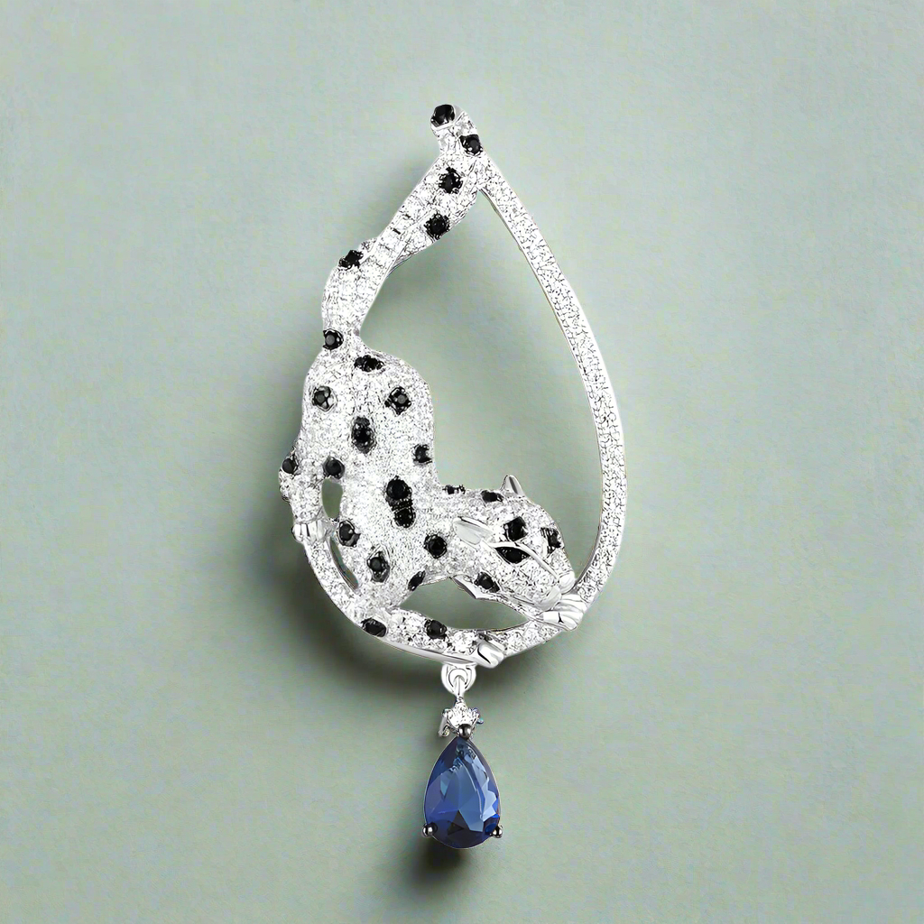 Sparkling Blue Pear-cut Gemstone with Leopard Pendant-Evani Naomi Jewelry