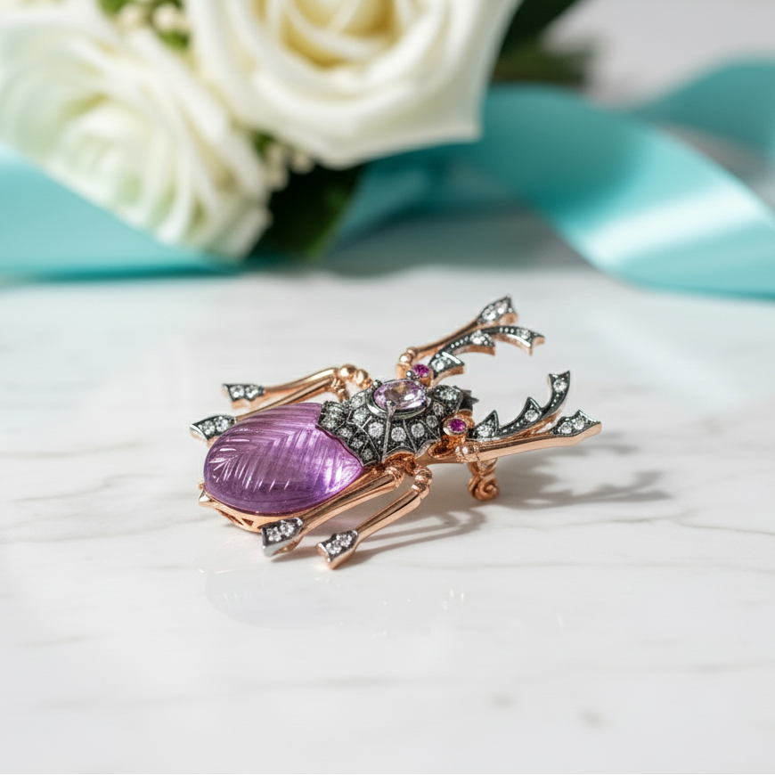 Sparkling Amethyst Stone Beetle Brooch-Evani Jewelry