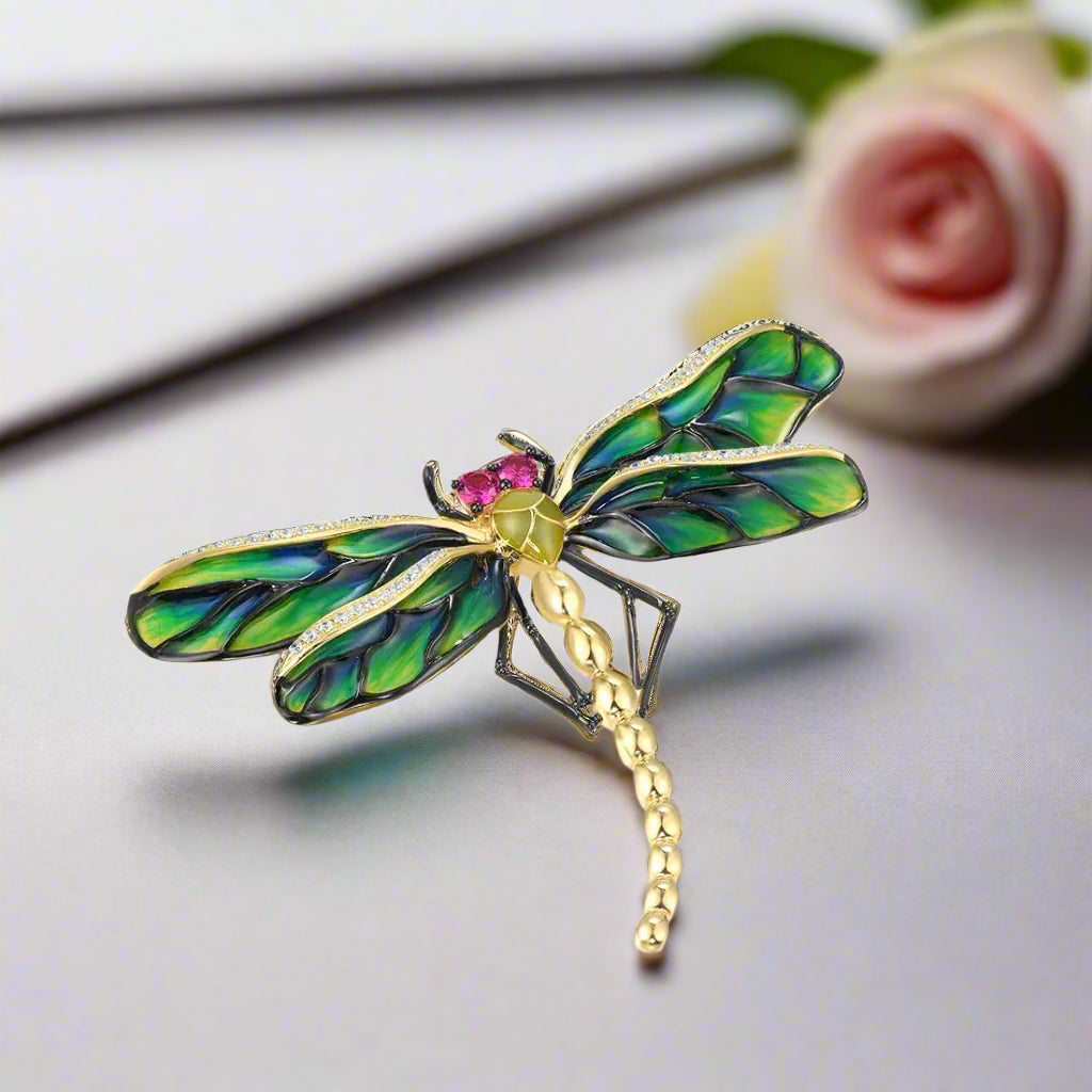 Sparkling Emerald Enamel Dragonfly Brooch-Evani Jewelry