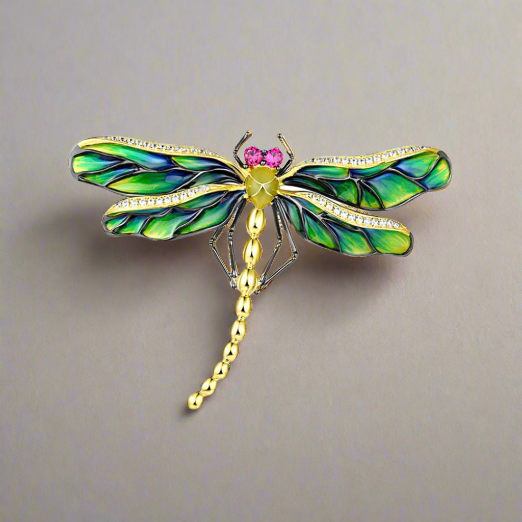 Sparkling Green Enamel Dragonfly Brooch-Evani Naomi Jewelry