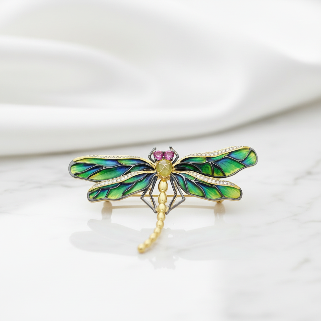 Sparkling Emerald Enamel Dragonfly Brooch