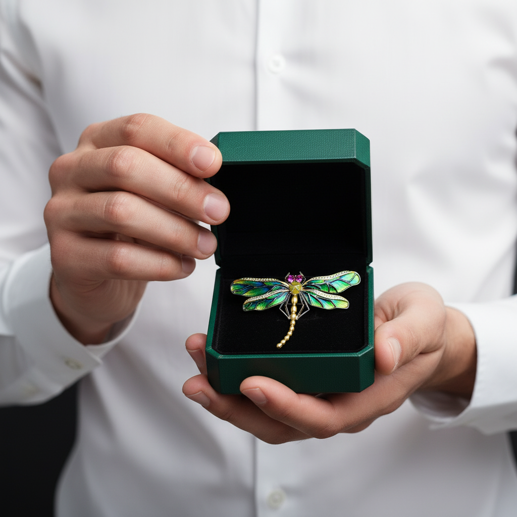 Sparkling Emerald Enamel Dragonfly Brooch