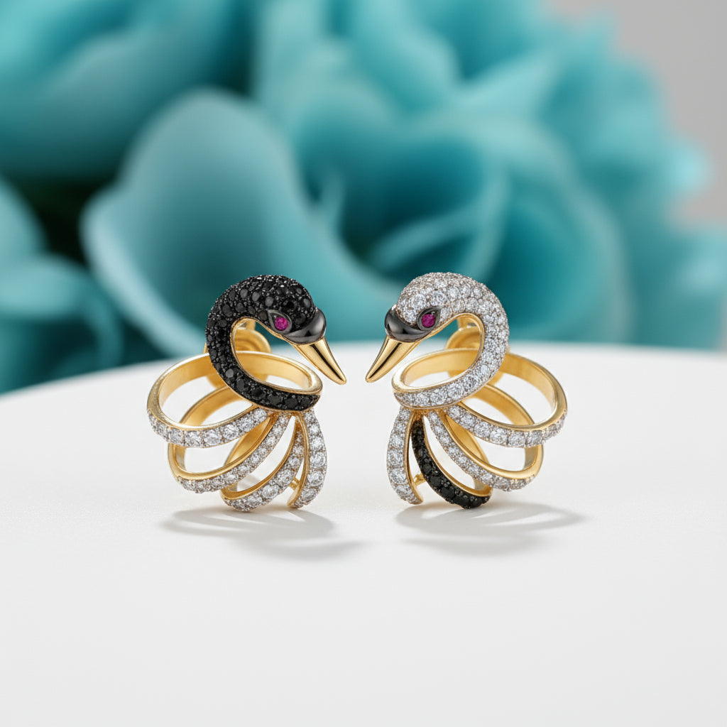 Sparkling White & Black Diamond Lovely Swan Stud Earrings-Evani Naomi Jewelry