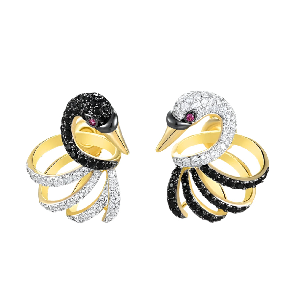 Sparkling White & Black Diamond Lovely Swan Stud Earrings-Evani Naomi Jewelry