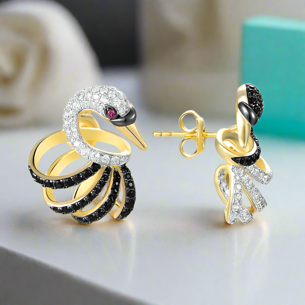 Sparkling White & Black Diamond Lovely Swan Stud Earrings-Evani Jewelry