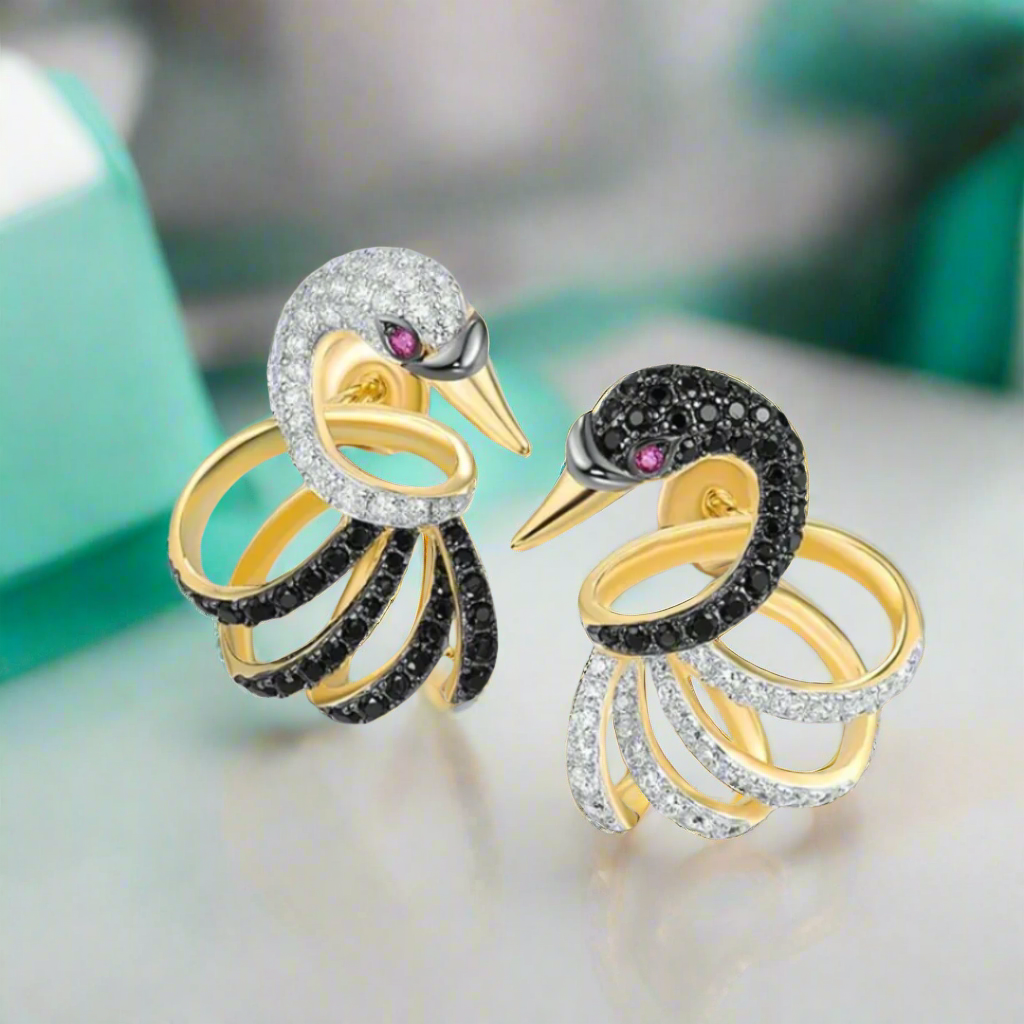 Sparkling White & Black Diamond Lovely Swan Stud Earrings-Evani Naomi Jewelry