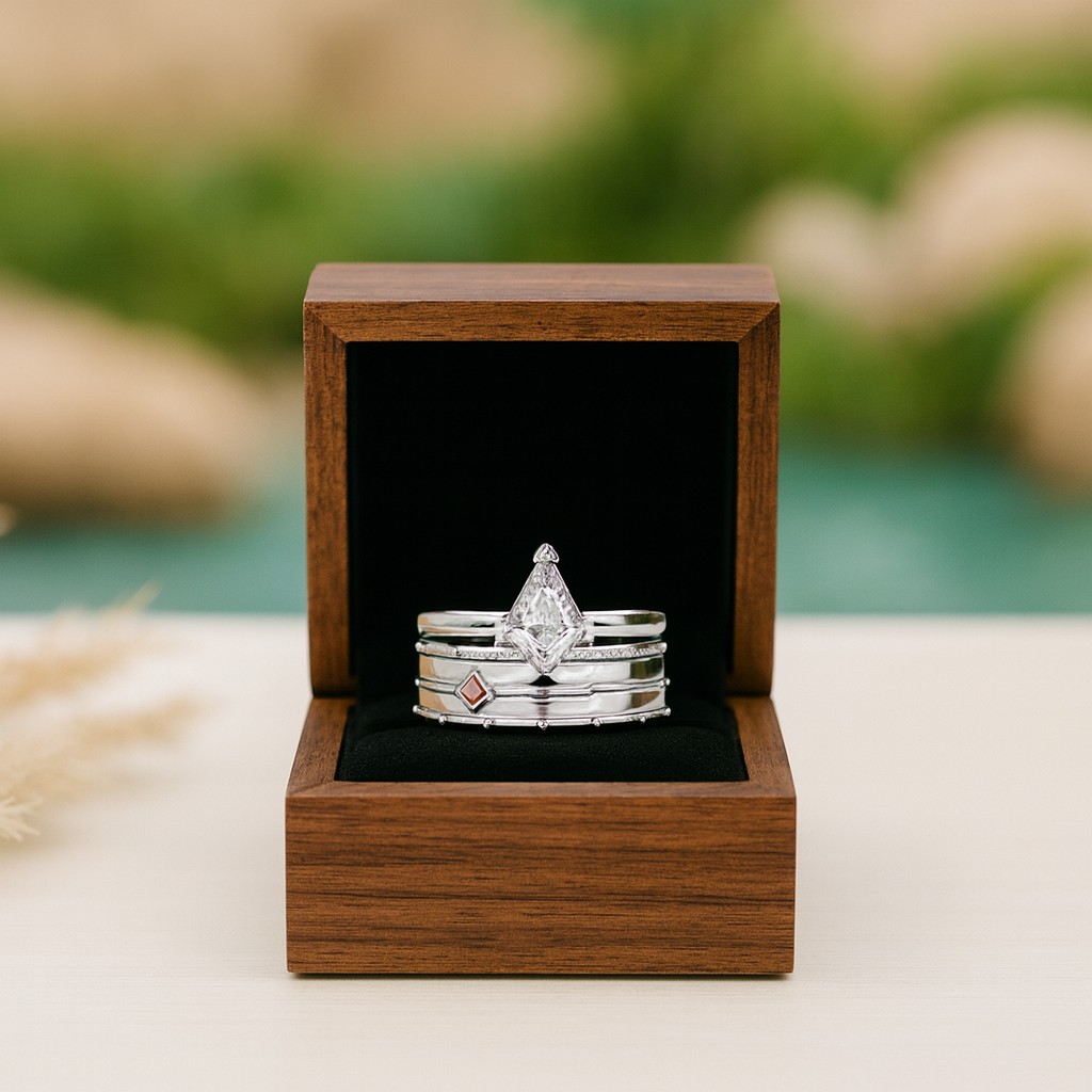 Stack of rings in a wooden box with a blurred natural background