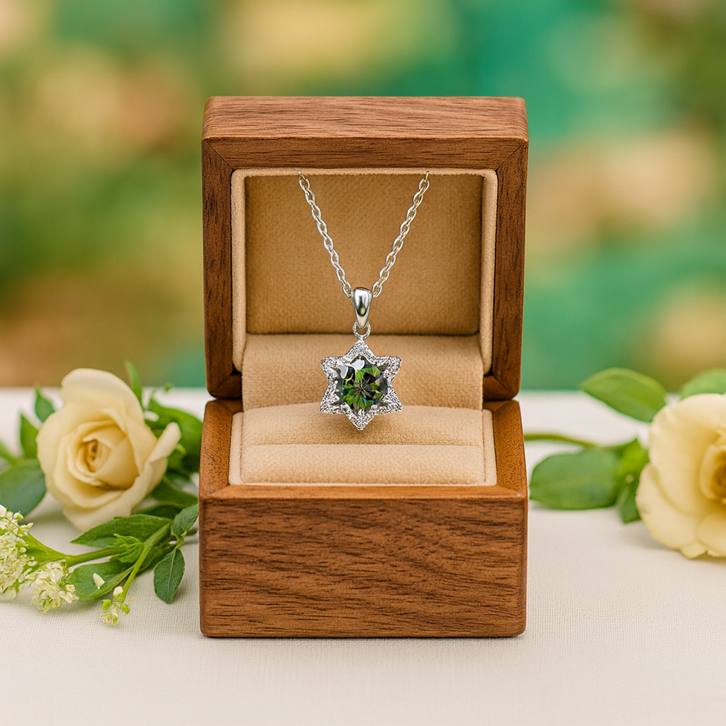 Star-shaped necklace with green gemstone in a wooden box with flowers around