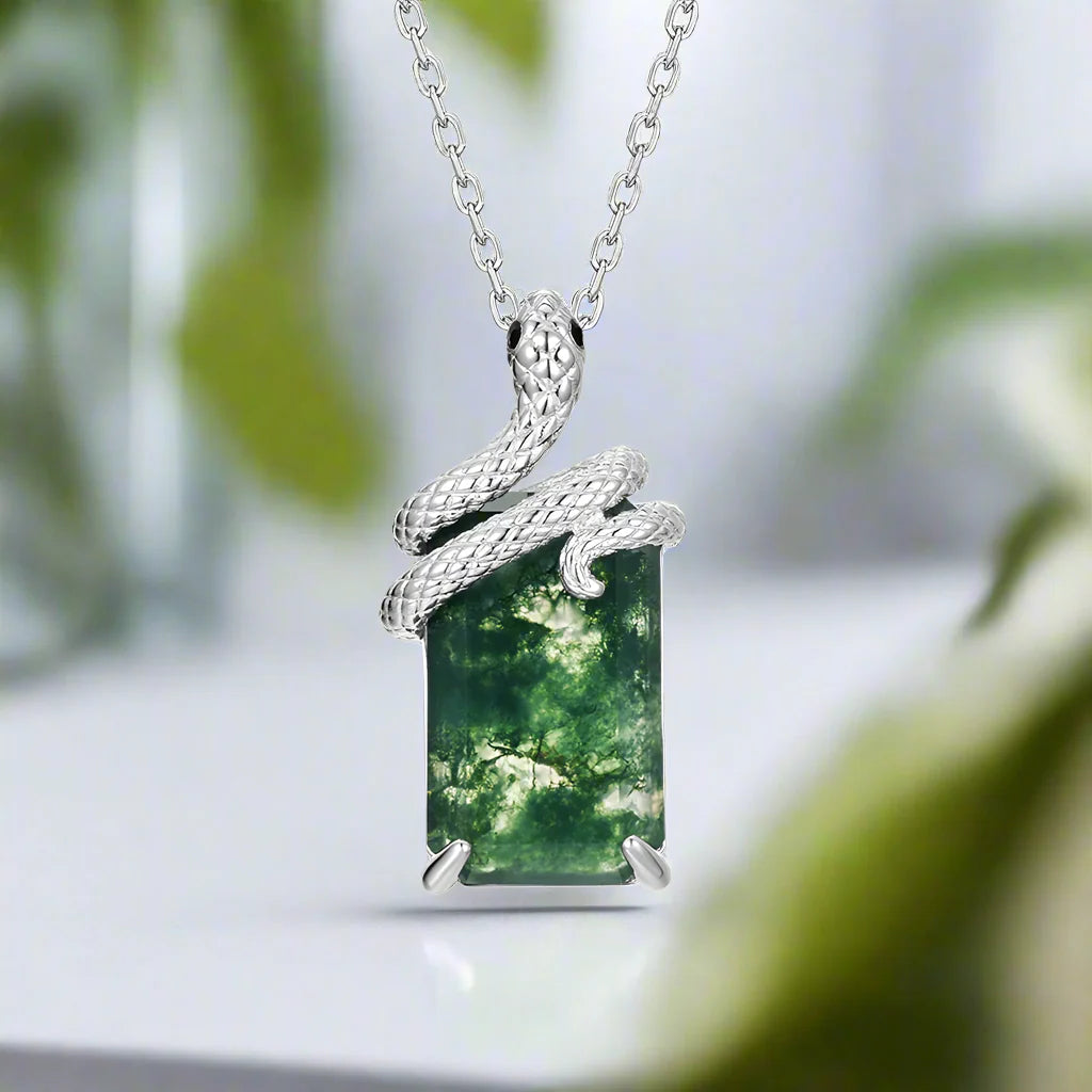Steadfast Love- Snake Natural Moss Agate Pendant Necklace-Evani Naomi Jewelry