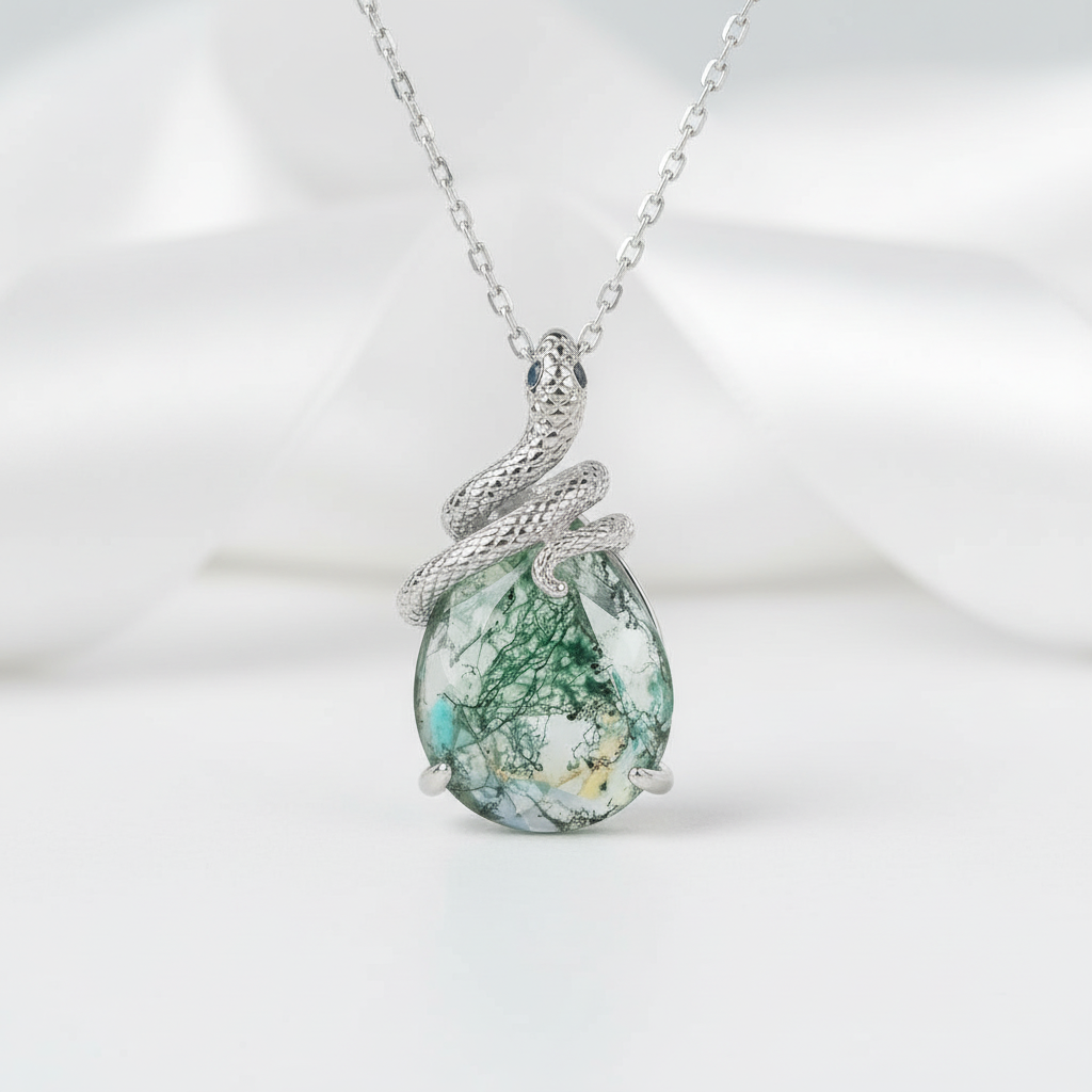 Steadfast Love- Snake Natural Moss Agate Pendant Necklace