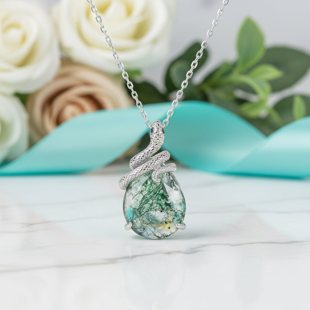 Steadfast Love- Snake Natural Moss Agate Pendant Necklace-Evani Jewelry