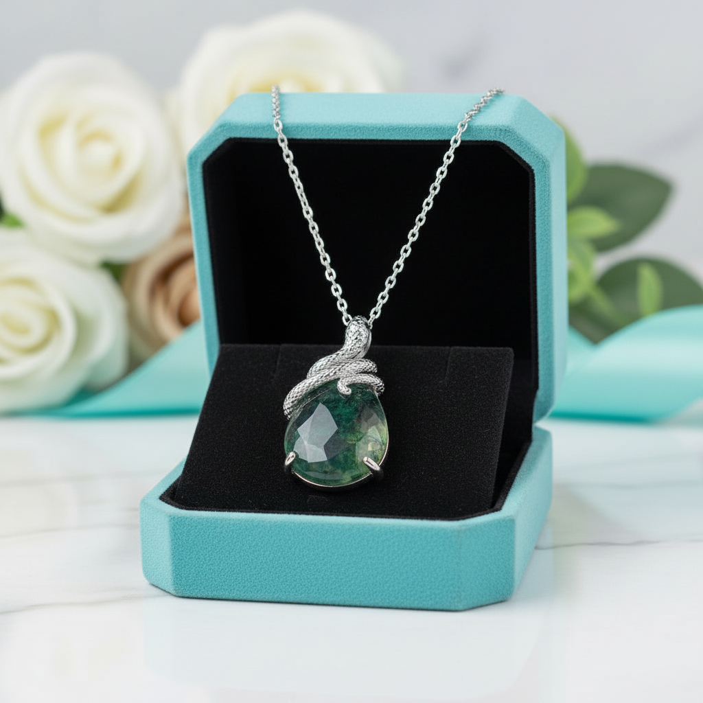 Steadfast Love- Snake Natural Moss Agate Pendant Necklace - Evani Naomi Jewelry