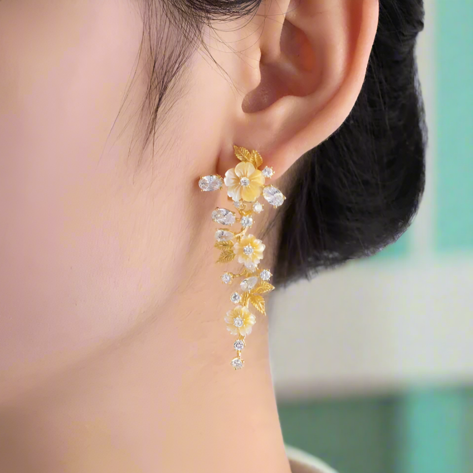 Summer Style Flower Diamond and Shell Drop Earrings-Evani Naomi Jewelry
