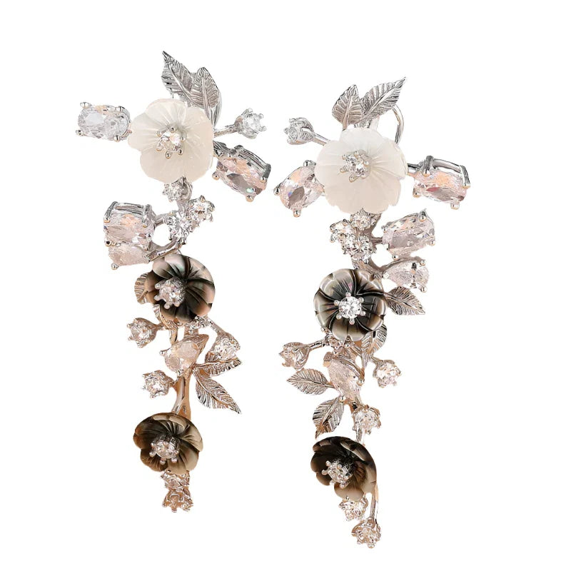 Summer Style Flower Diamond and Shell Drop Earrings-Evani Naomi Jewelry