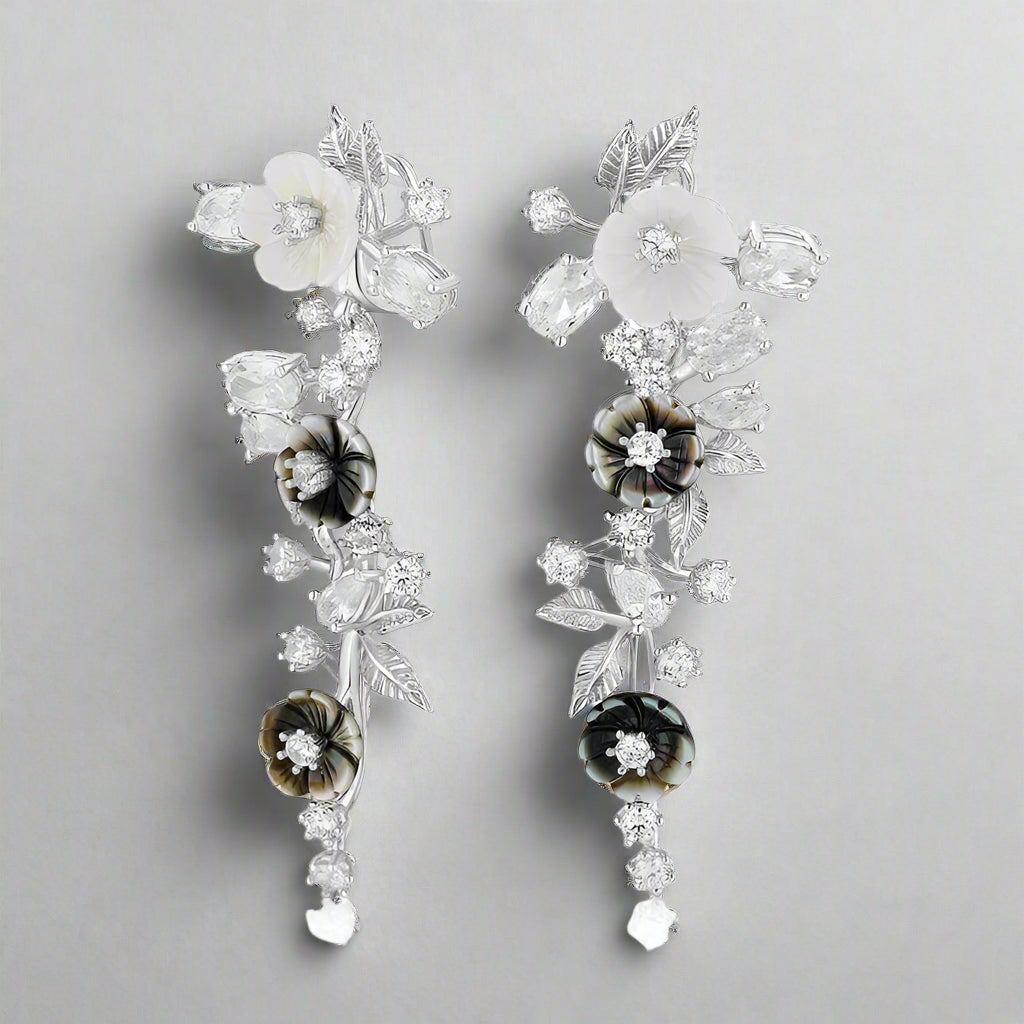 Summer Style Flower Diamond and Shell Drop Earrings-Evani Naomi Jewelry