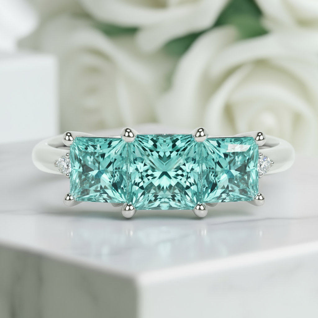 3.5 Ct Princess Cut Three Stone Aquamarine Engagement Ring-Evani Jewelry
