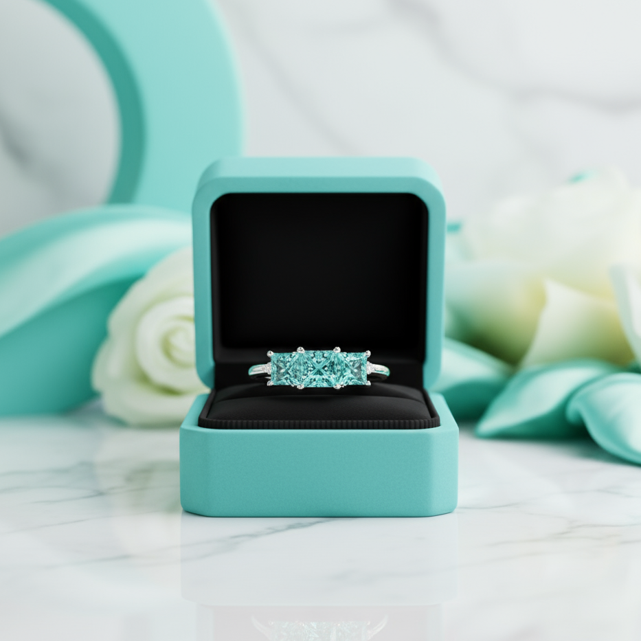 3.5 Ct Princess Cut Three Stone Aquamarine Engagement Ring-Evani Jewelry