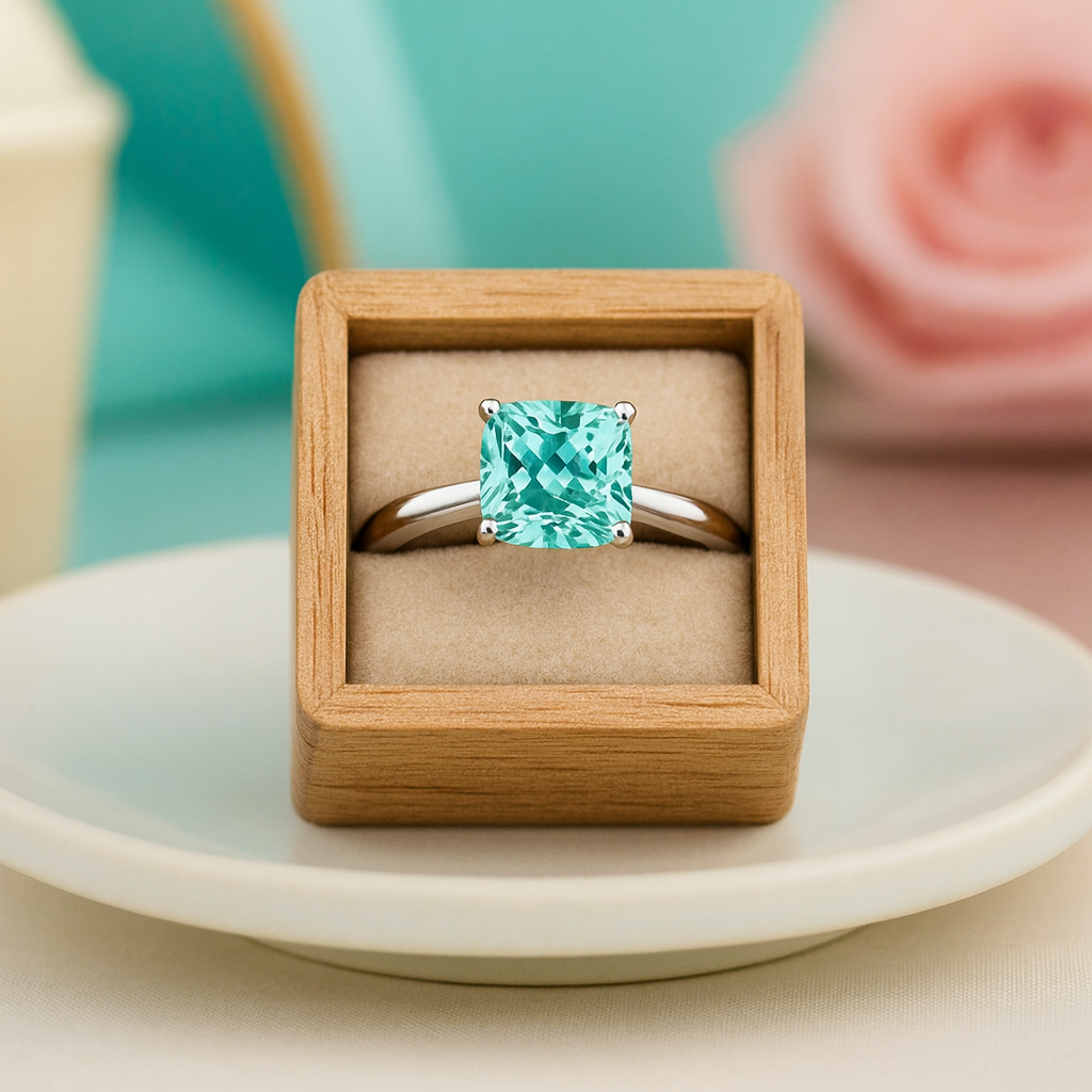 Teal gemstone ring in a wooden box on a white plate with a blurred background