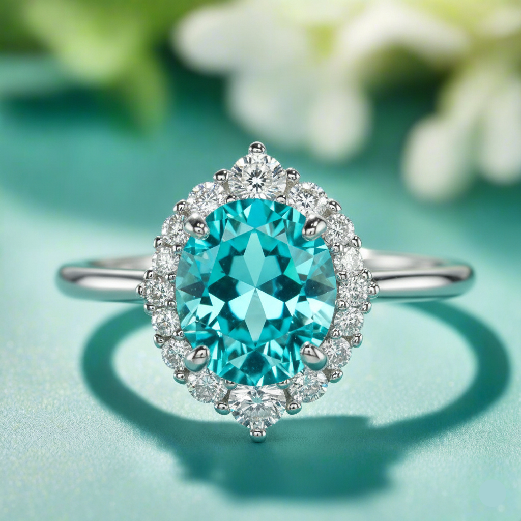 Teal gemstone ring with diamond halo on a light green background