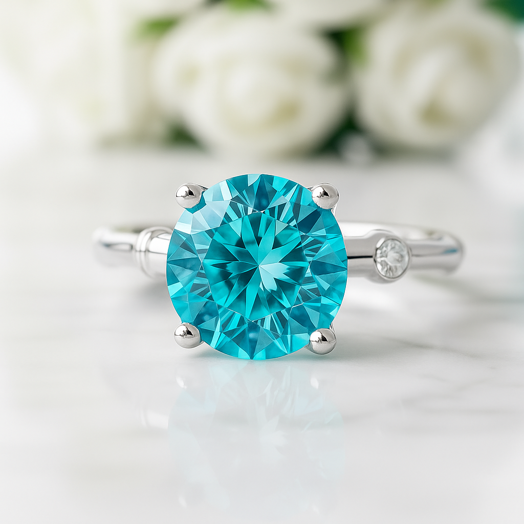 Teal gemstone ring with silver setting on a white surface with blurred flowers in the background