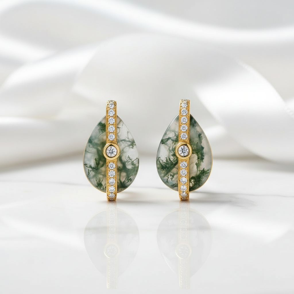 Serendipitous Love- Pear Cut Natural Moss Agate Earrings