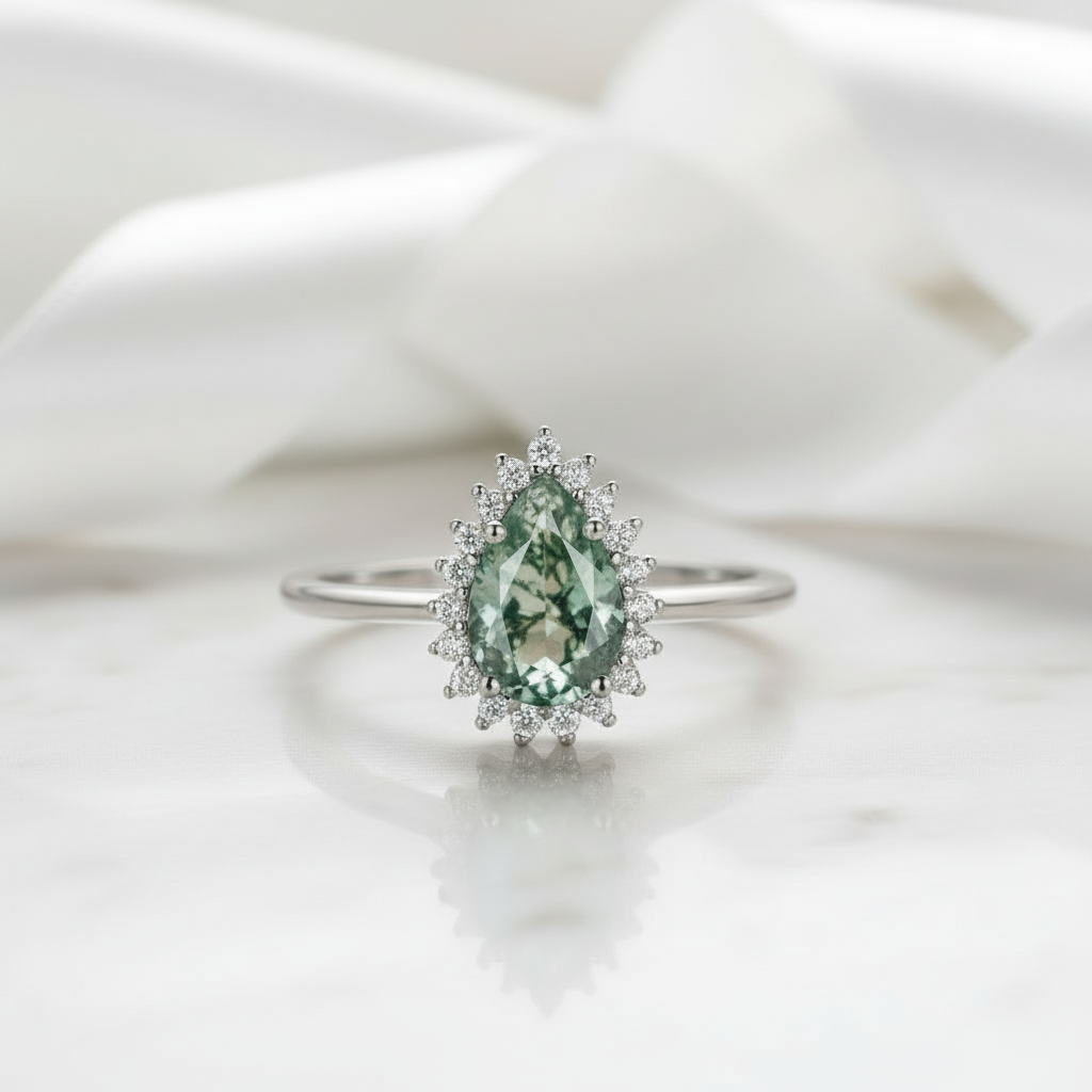 Luminous Bond- Pear Cut Moss Agate & Champagne Moissanite Gemstone Ring