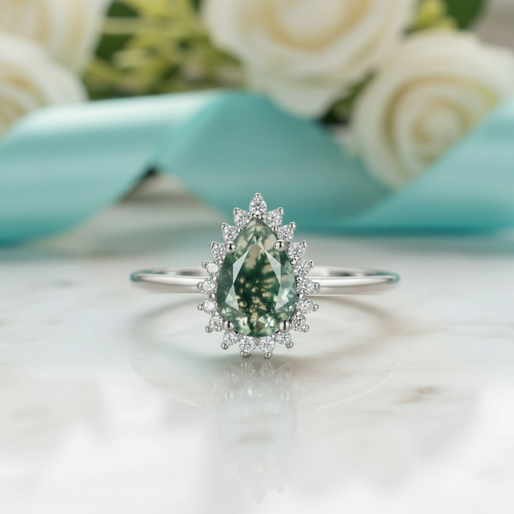 Luminous Bond- Pear Cut Moss Agate & Champagne Moissanite Gemstone Ring-Evani Jewelry