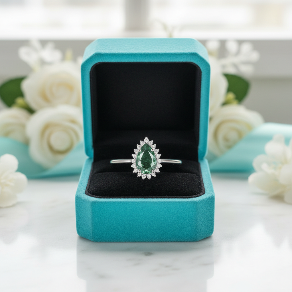Luminous Bond- Pear Cut Moss Agate & Champagne Moissanite Gemstone Ring - Evani Naomi Jewelry