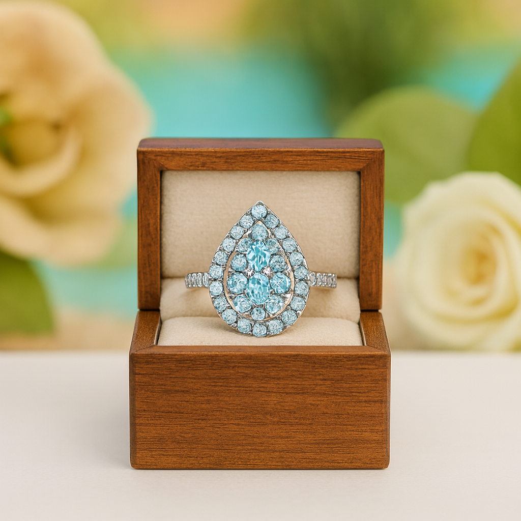 Teardrop-shaped ring with blue gemstones in a wooden box with floral background
