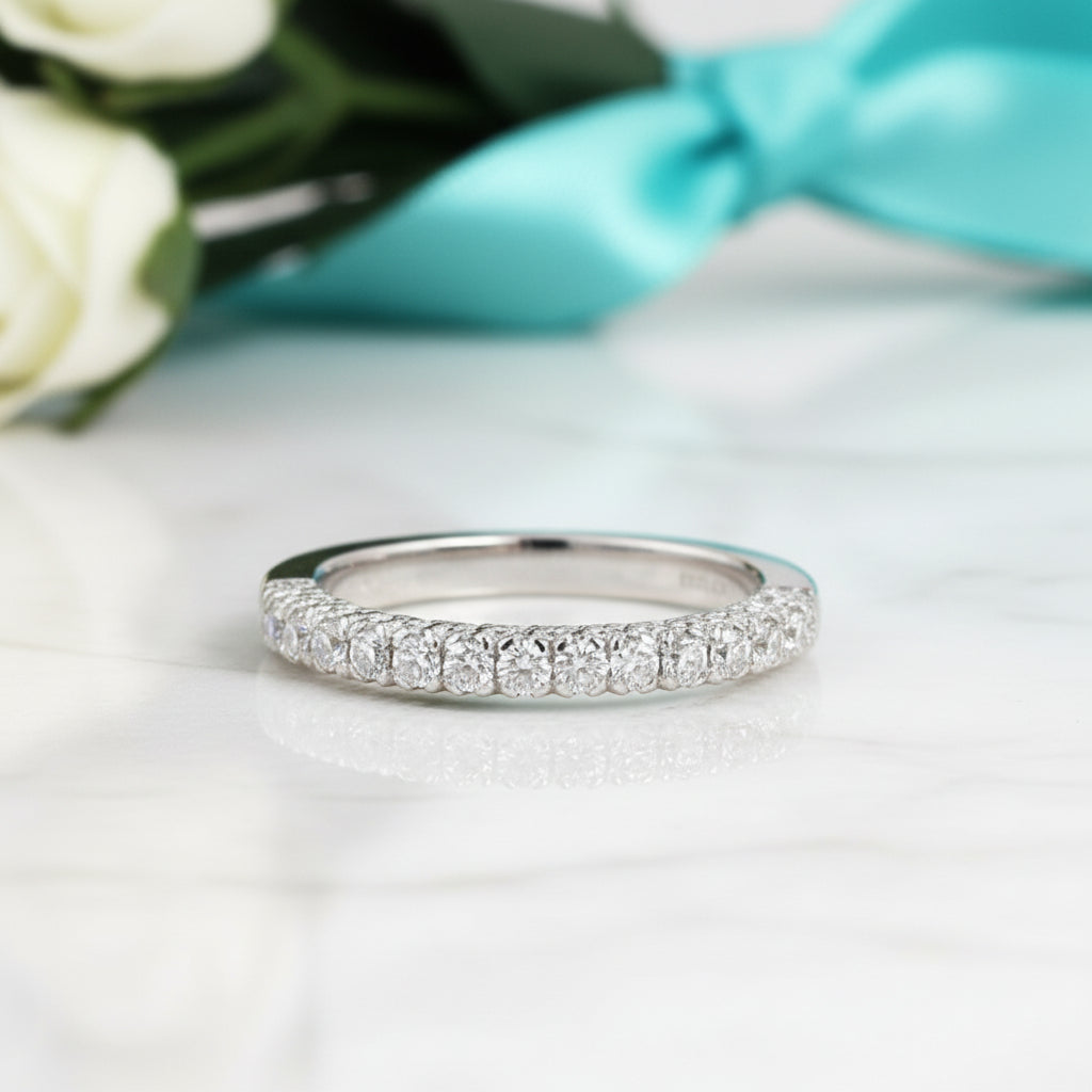 Three Side Diamond 14K White Gold Half Eternity Wedding Band-Evani Jewelry