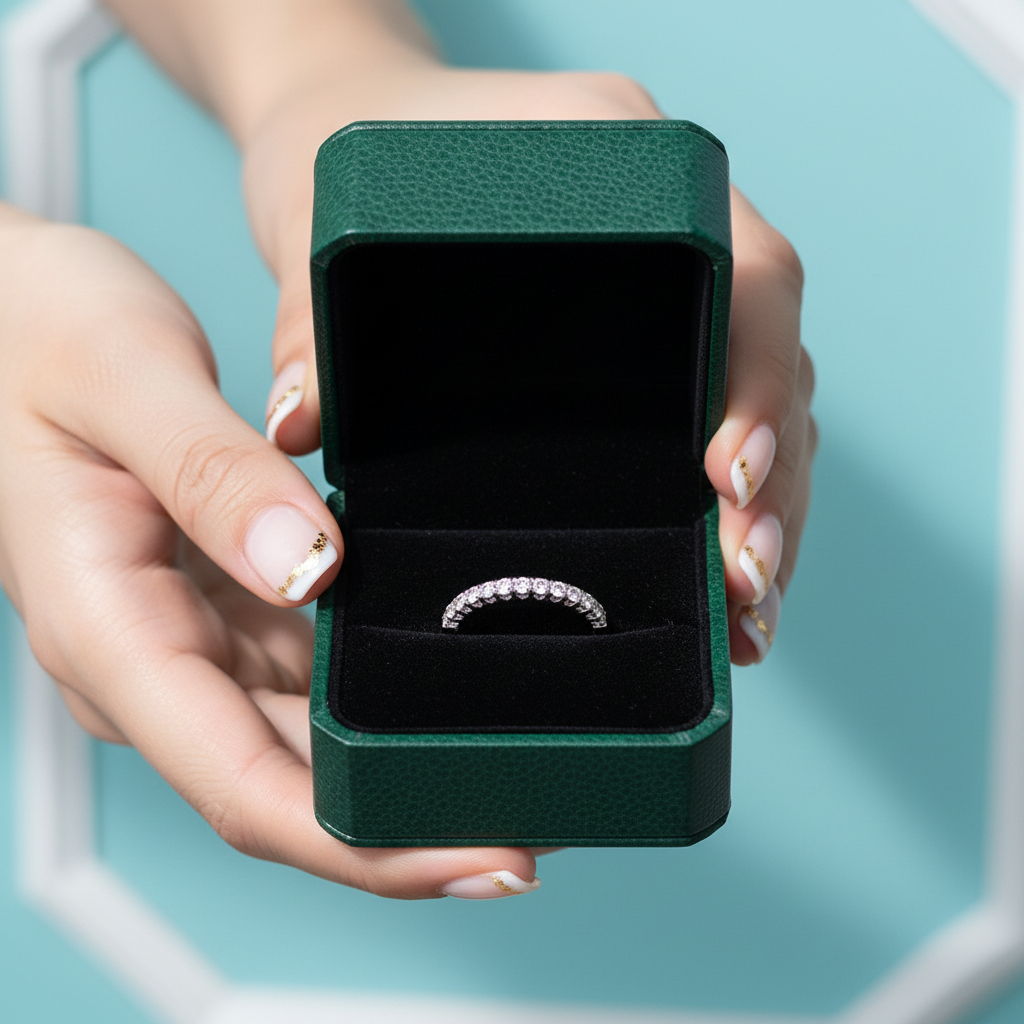 Three Side Diamond Option14K White Gold Half Eternity Wedding Band - Evani Naomi Jewelry