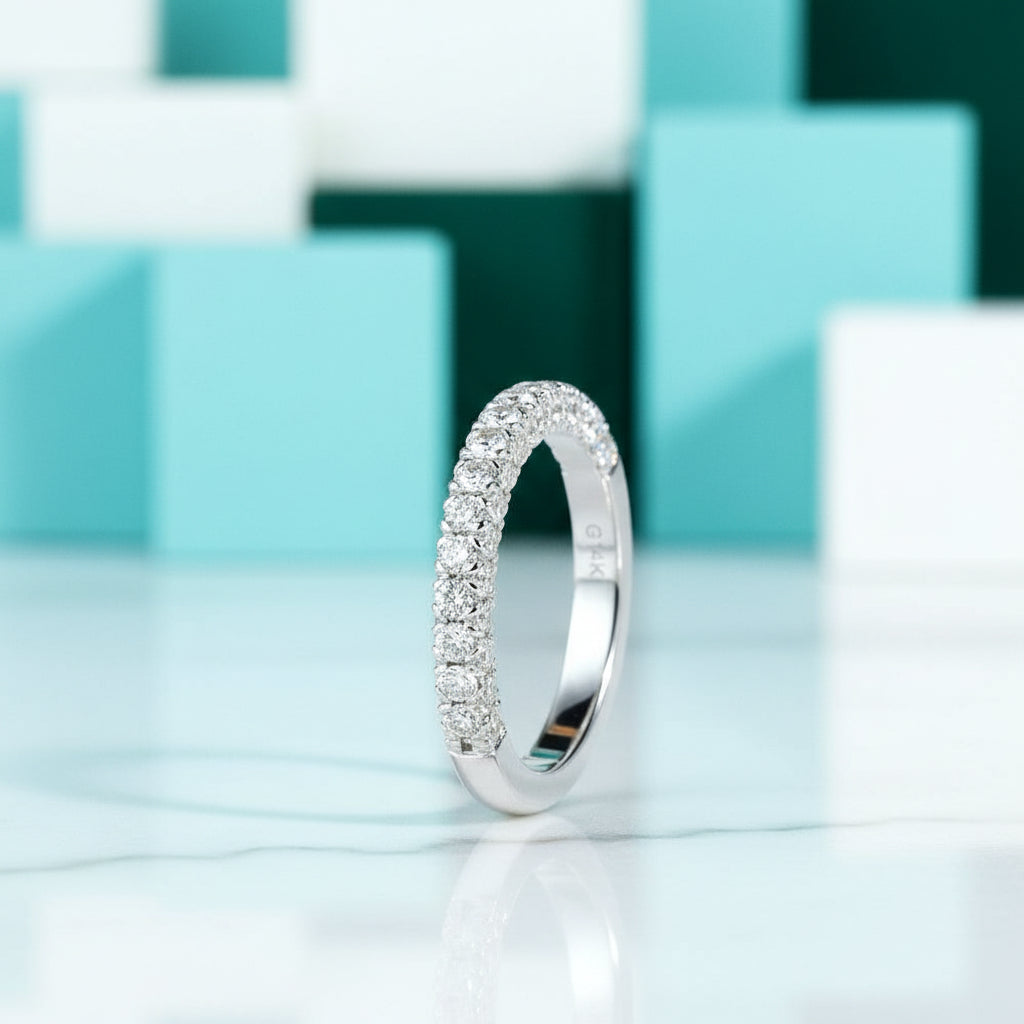 Three Side Diamond 14K White Gold Half Eternity Wedding Band-Evani Jewelry