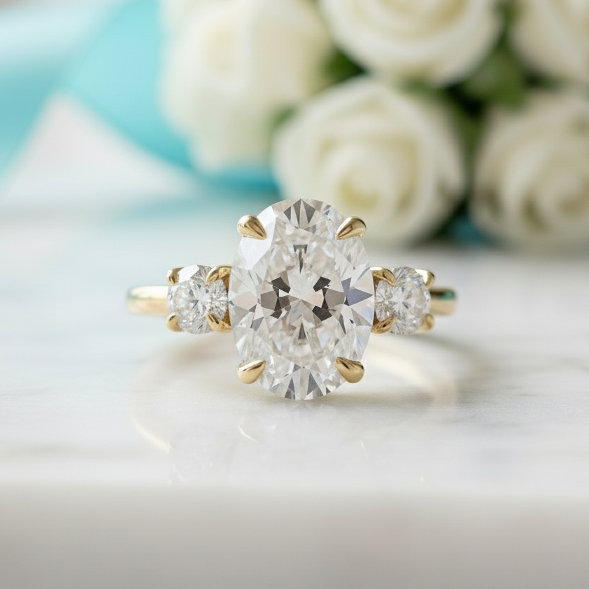 Three Stone 14k Yellow Gold Diamond Engagement Ring-Evani Jewelry