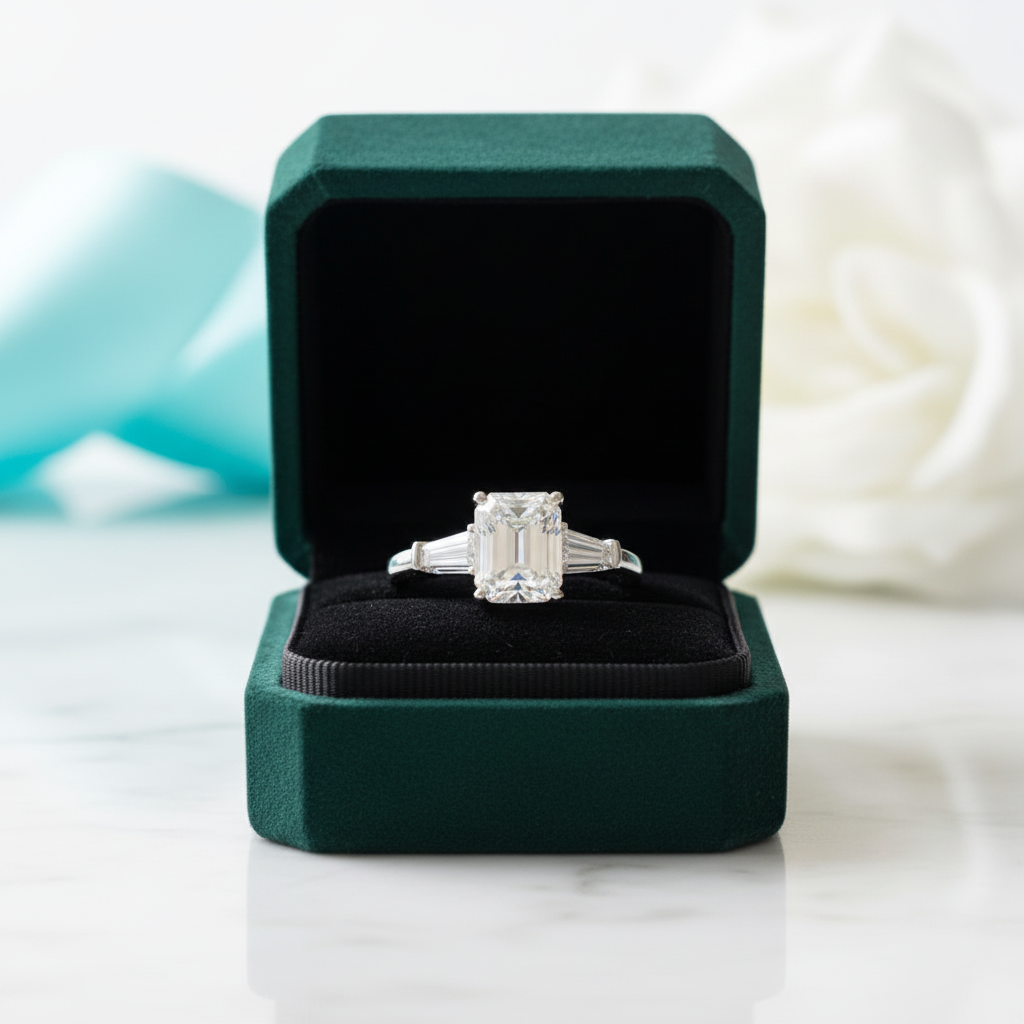 Three Stone 2ct Emerald Cut Diamond Option Engagement Ring - Evani Naomi Jewelry
