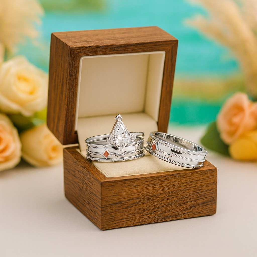 Three silver rings in a wooden box with flowers in the background