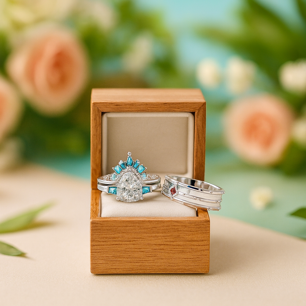 Three silver rings with gemstones in a wooden box against a floral background