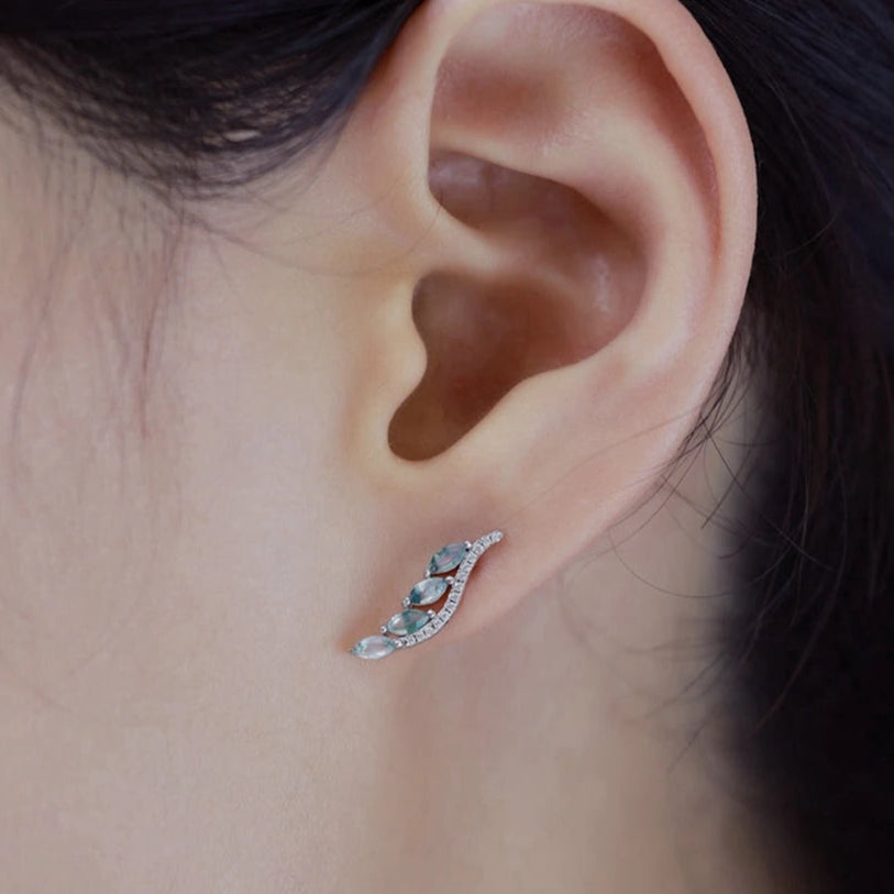 Silver earring worn on an ear with a blurred background