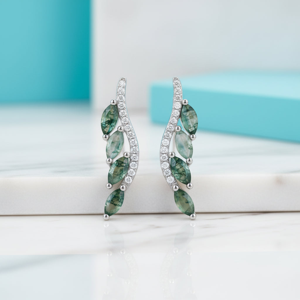 Timeless Vow- Leaf Shape Stud Natural Moss Agate Earrings-Evani Jewelry
