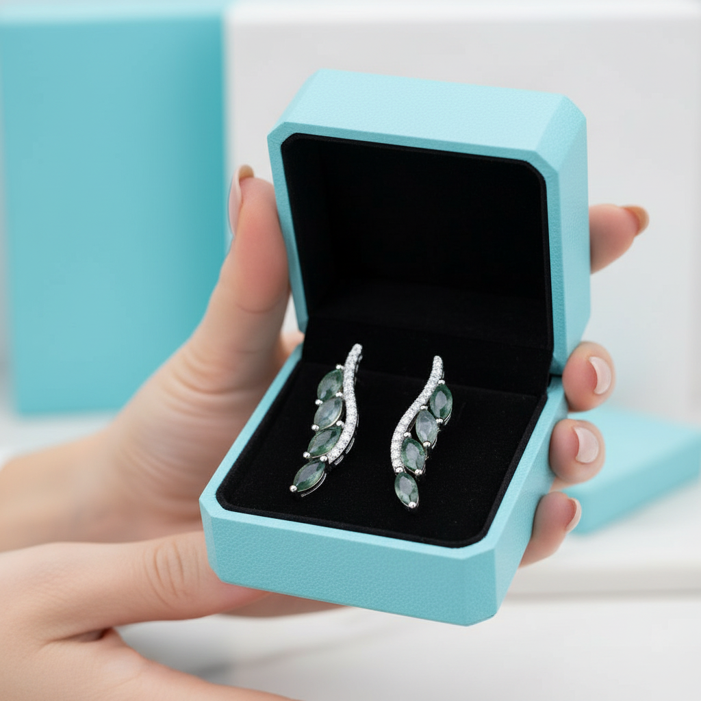 Timeless Vow- Leaf Shape Stud Natural Moss Agate Earrings