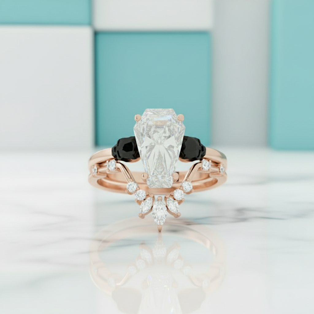 Gothic Wedding Rings in 14k White Gold Limited Coffin Cut Diamond Birthstone-Evani Jewelry