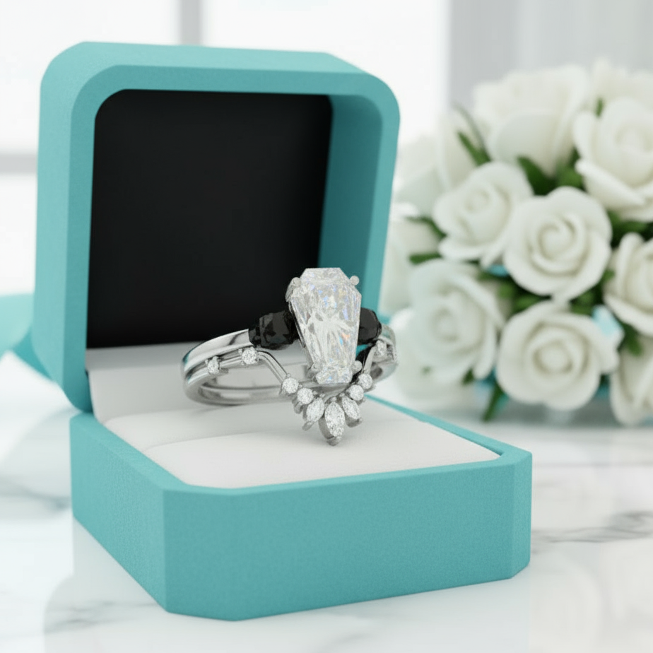 Gothic Wedding Rings in 14k White Gold Limited Coffin Cut Diamond Birthstone-Evani Jewelry