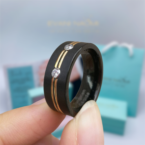 Tungsten Diamond Double Gold Lines Men's Wedding Band-Evani Naomi Jewelry