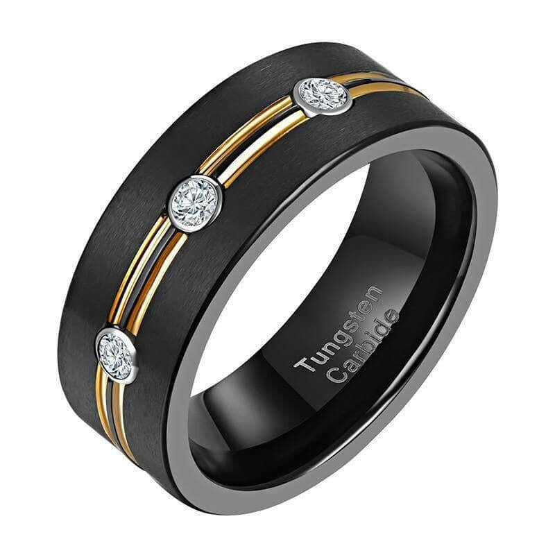 Tungsten Diamond Double Gold Lines Men's Wedding Band-Evani Naomi Jewelry