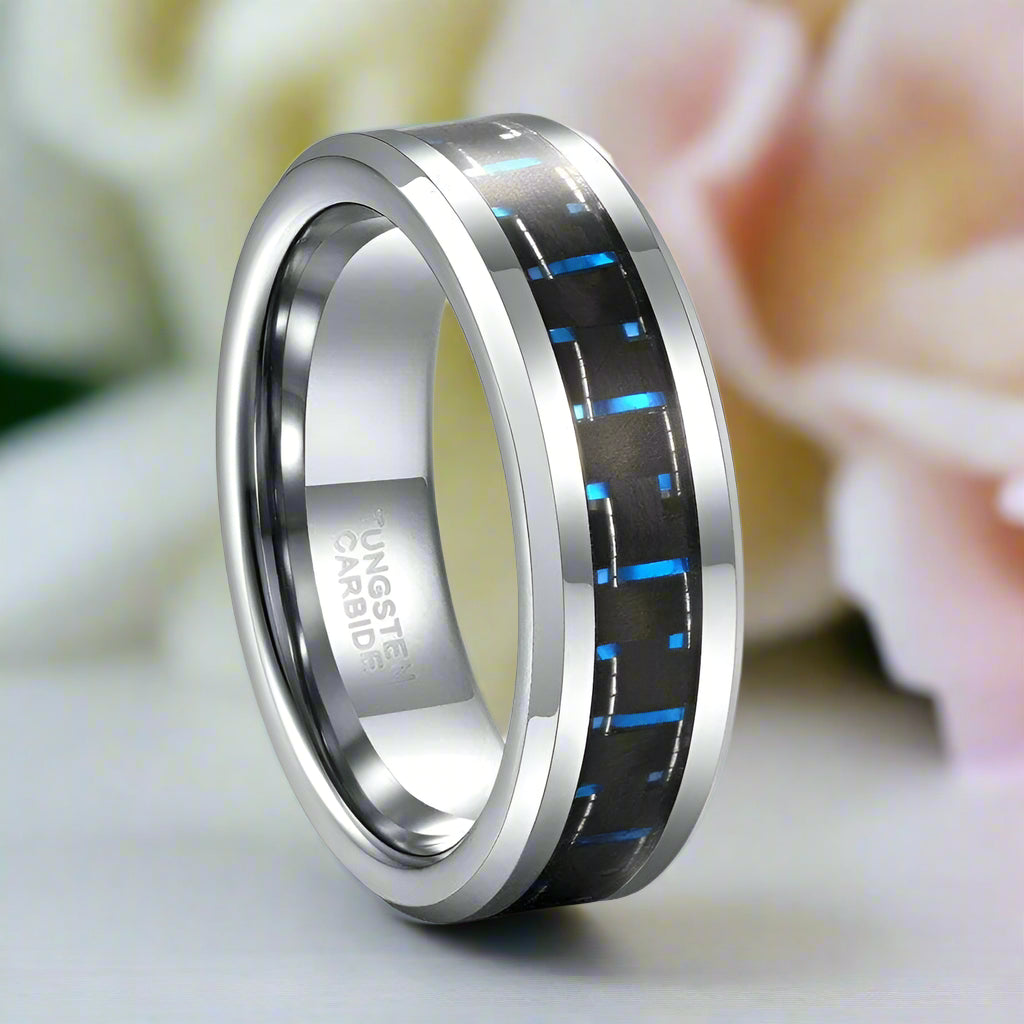 Tungsten Men's Wedding Band with Black & Blue Carbon Fiber-Evani Jewelry