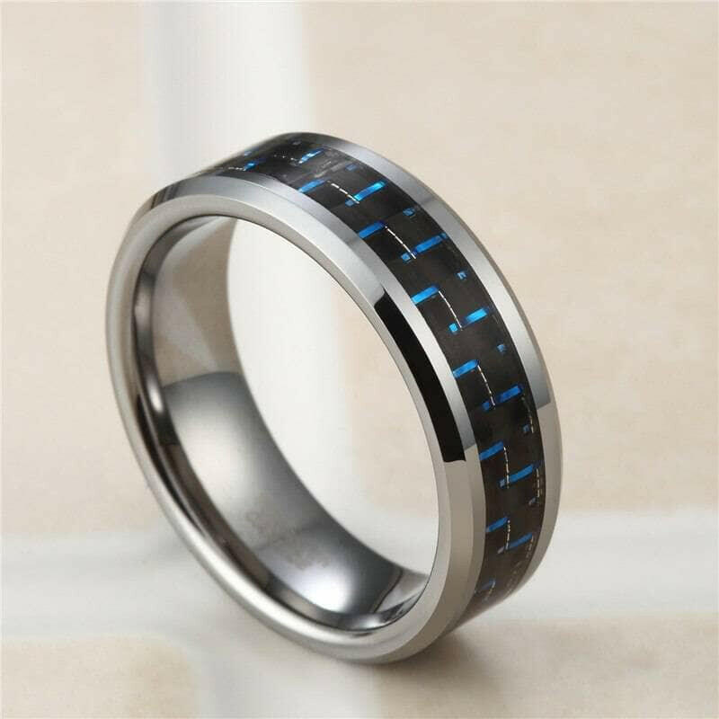 Tungsten Men's Wedding Band with Black & Blue Carbon Fiber-Evani Jewelry