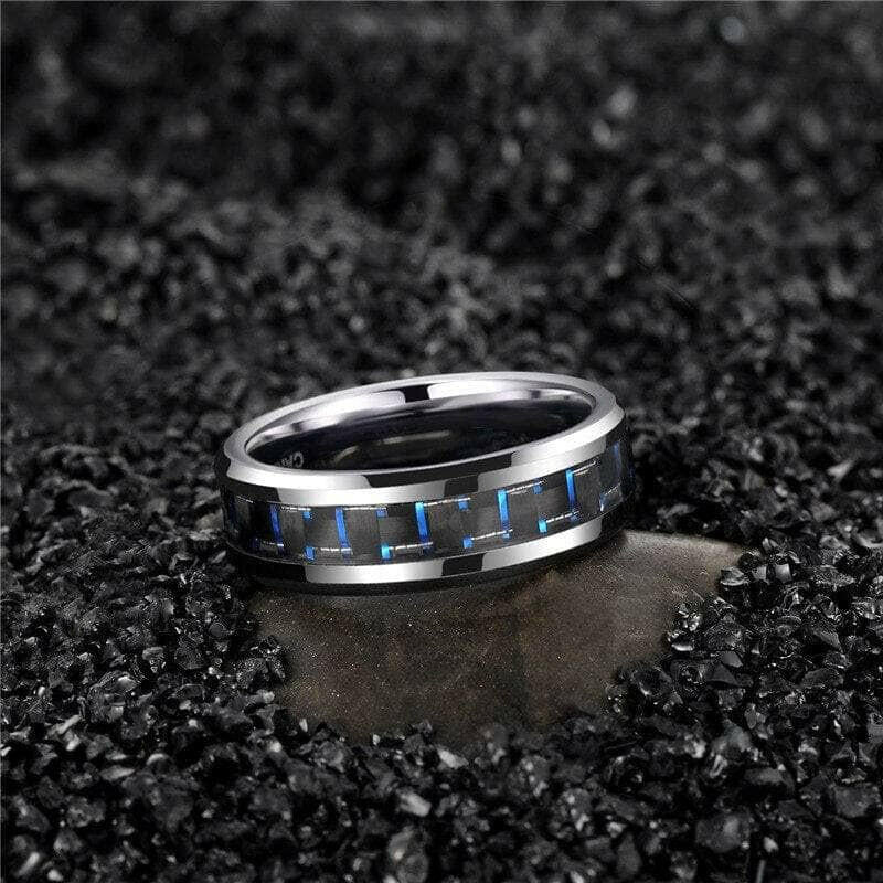 Tungsten Men's Wedding Band with Black & Blue Carbon Fiber-Evani Jewelry
