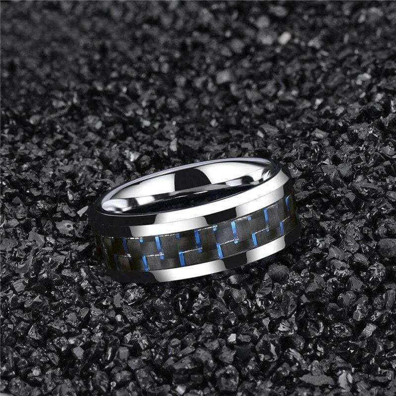 Tungsten Men's Wedding Band with Black & Blue Carbon Fiber-Evani Jewelry