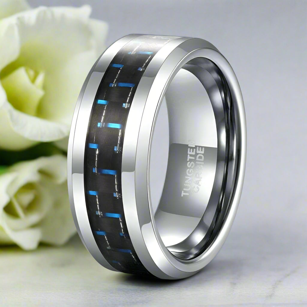 Tungsten Men's Wedding Band with Black & Blue Carbon Fiber-Evani Jewelry